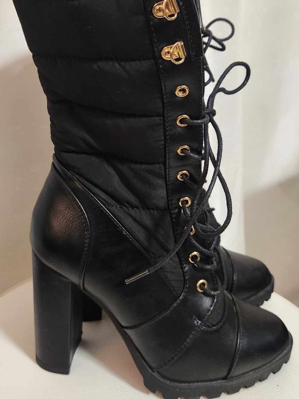Black Quilted Lace-Up Combat Boots | Chunky Lug Sole Block Heel Boots | Never Wo